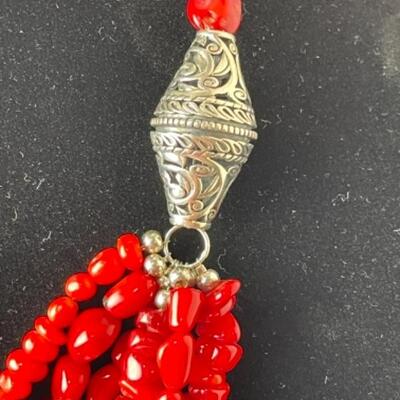 K679 Sterling Coral Necklace and Bracelet by Barse 