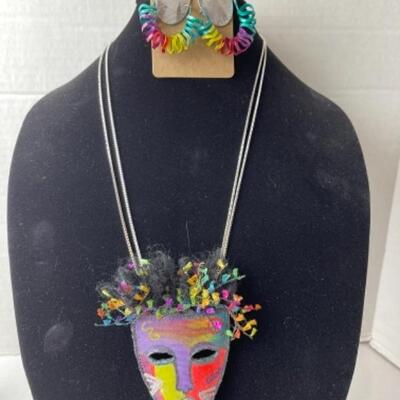 K680 Artisan Made Mask Pendant/ Pin with Metal Earrings 