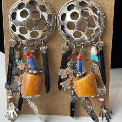 K688 Signed Multi colored Turquoise,Lapis, Beaded Necklace ,Earrings,Ring Set 