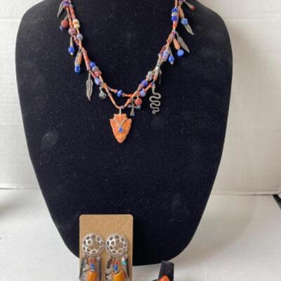 K688 Signed Multi colored Turquoise,Lapis, Beaded Necklace ,Earrings,Ring Set 
