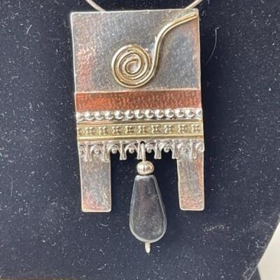 K690 Sterling Mixed Metal Artisan Pendant / Pin with Earrings  Set