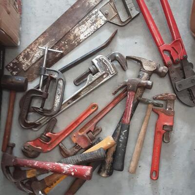 lot 211 - clamps, hammers, wrenches, saws, etc. 