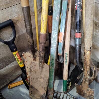 lot 213 - Shovels, spades, rakes,etc.(11) DOES NOT INCLUDE THE YELLOW PROBING ROD