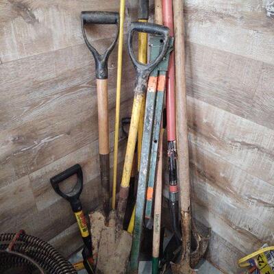lot 213 - Shovels, spades, rakes,etc.(11) DOES NOT INCLUDE THE YELLOW PROBING ROD