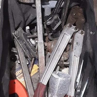lot 224 - Black tool bag of asstd hand tools, PVC fittings, etc.