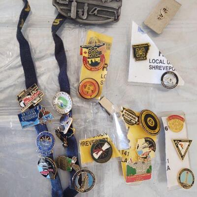 lot 230 - 50+ Plumbers  pins incl. Union pins, training pins, Council pins, Plumbing belt buckle, etc. with 6 multi-purpose zippered bags