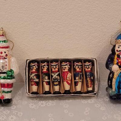 Lot 53: Vintage Handpainted Soldier Ornaments and (2) New Large Glass Nutcracker Ornaments