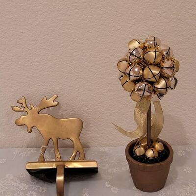 Lot 57: New Heavy Brass Moose Stocking Holder and Gold Bell Topiary 