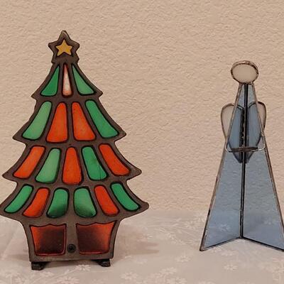Lot 74: Vintage Stained Glass Christmas Tree Candle Holder and Angel