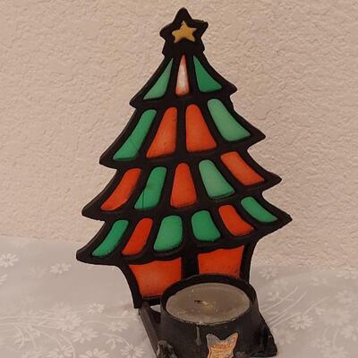 Lot 74: Vintage Stained Glass Christmas Tree Candle Holder and Angel