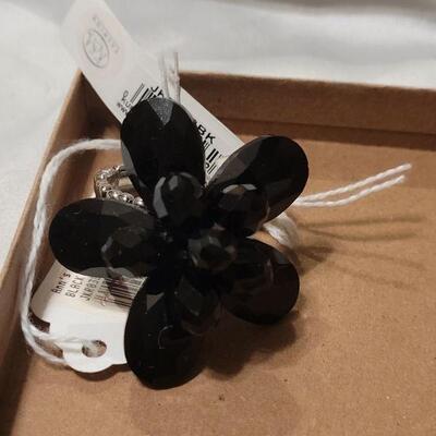 Lot 96: (3) New Rings (Silver with Smoky Topaz, Multi Metal Heart and Stretch Black Beaded Flower Ring)