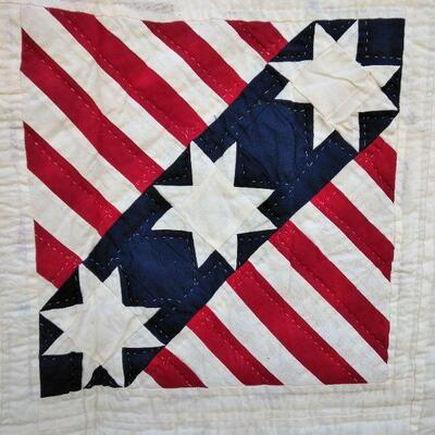 LOT 28  HAND STITCHED ALL AMERICAN RED, WHITE, AND BLUE QUILT 
