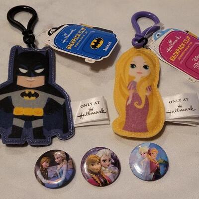 Lot 123: New Batman & Rapunzel Backpack Clips & Frozen Button Pins