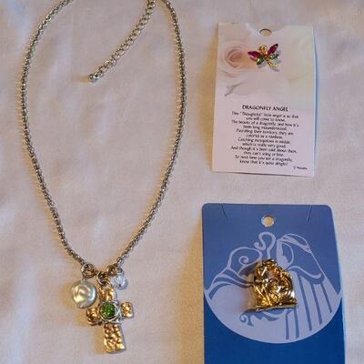 Lot 129: New Gold Cross Necklace, Nativity Pin and Angel Pin