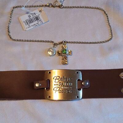 Lot 148: New Gold Cross Necklace and Inspirational Bracelet 