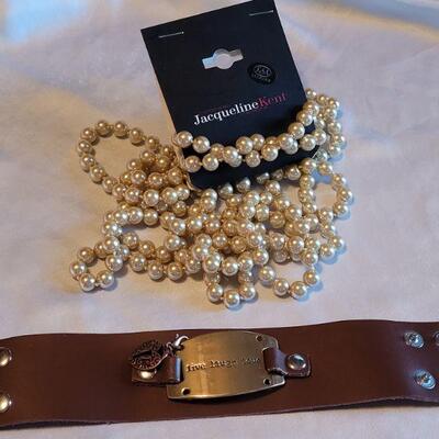 Lot 151: New Long Pearl Necklace and Inspirational Bracelet 