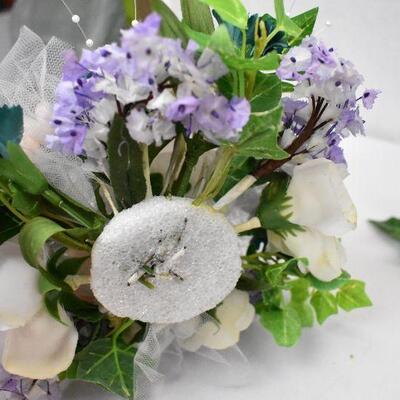 Faux Flowers: 11 small centerpieces & 2 vases with purple flowers
