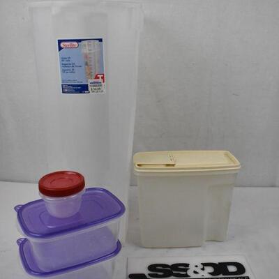 5 pc Plastic Home Goods: Sterilite Wrapping Paper Bin no lid + 4 Food Containers