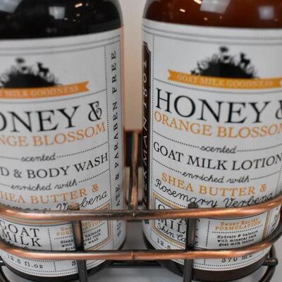 Honey & Orange Blosson Hand & Body Wash, Goat Milk Lotion, & Metal Stand