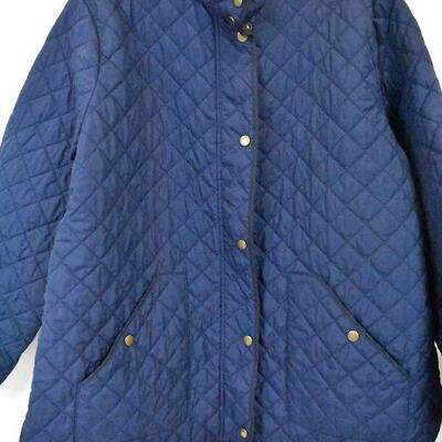 Navy Winter Coat by Lands End. Size Large (?) Quilted. Brown Cord Collar