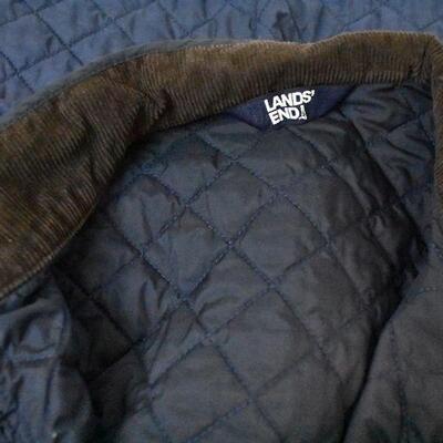 Navy Winter Coat by Lands End. Size Large (?) Quilted. Brown Cord Collar