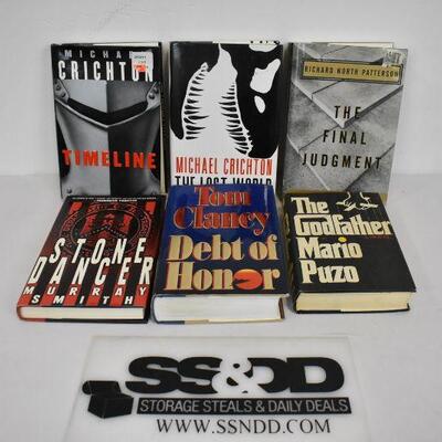 6 Hardcover Fiction Books: Godfather by Puzo -to- Timeline by Crichton
