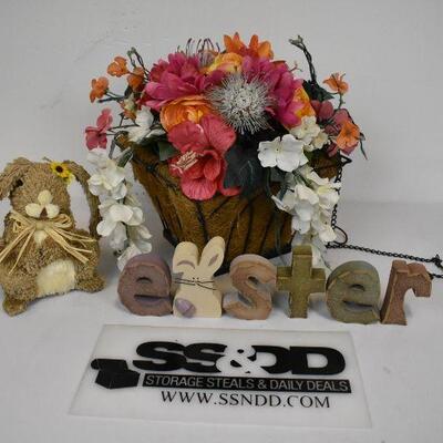 3 pc Easter/Spring Decor: Bunny, Hanging Faux Floral, 