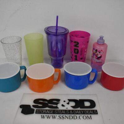 9 pc Plastic Kitchen: 4 Cups, 1 Water Bottle, 4 bowls with Lids