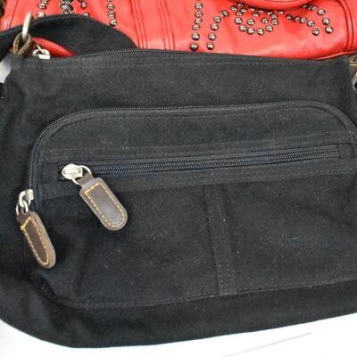 4 pc Purses/Handbags: 2 black, 1 red, 1 green