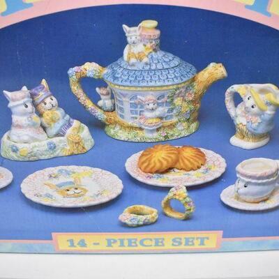 Bunny Tea Set. 14 pieces, missing 1 napkin ring. Vintage