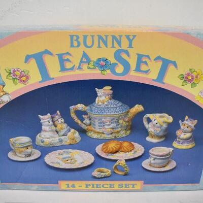 Bunny Tea Set. 14 pieces, missing 1 napkin ring. Vintage
