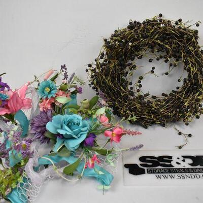 2 pc Decorative Wreaths: Spring/Summer Florals & Grapes/Fall Colors