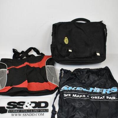 3 pc Bags: Timbuk2 Messenger Bag, Sketchers Cinch Sack, Black & Red Tote Bag