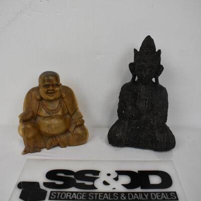 2 Buddha Sculptures. Light Brown one is wooden
