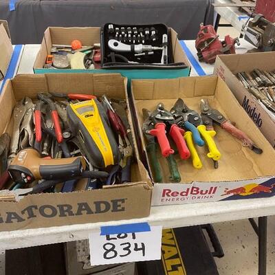 834-Assorted Wrenches, Pliers, Tin Cutters, etc.