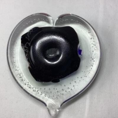 N - 851  Three Hand Blown Glass Heart Shaped Paperweights ( 2 Signed Randy Strong )