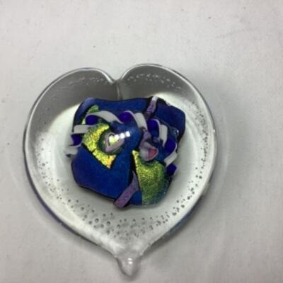 N - 851  Three Hand Blown Glass Heart Shaped Paperweights ( 2 Signed Randy Strong )