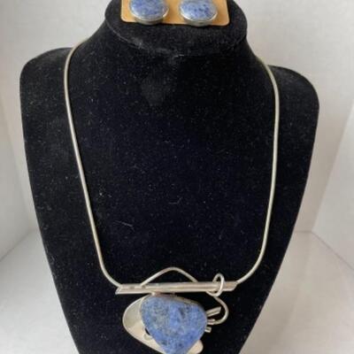 K695 Sterling Lapis Pin / Pendant Earring Set 