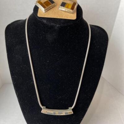 K698 Sterling Silver Earth tones Necklace Earring Set 