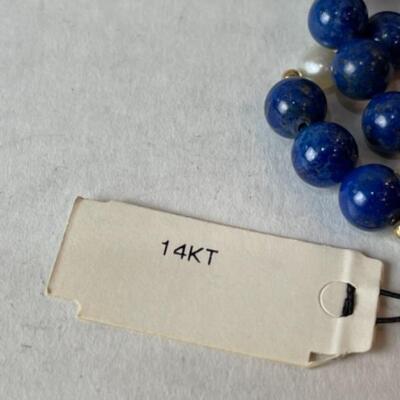 K699 New with Tag Pearl, Gold Blue Lapis Necklace with Earrings 