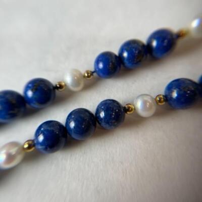 K699 New with Tag Pearl, Gold Blue Lapis Necklace with Earrings 
