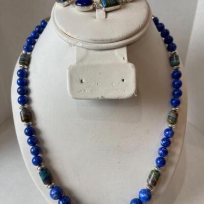 K700 Sterling Silver Blue Lapis Necklace and Bracelet Set 