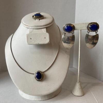 K701 Sterling Silver 3pc Blue Lapis Necklace /Slide Earring Set 