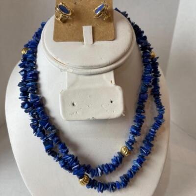 K702 14k Yellow Gold Blue Lapis Earrings and Necklace set 