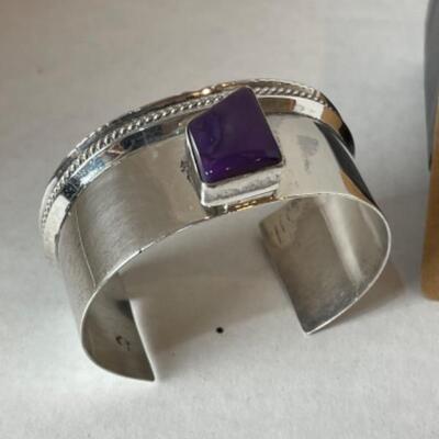 K704 Sterling Silver Amethyst 3pc Cuff, Earrings, Ring Set