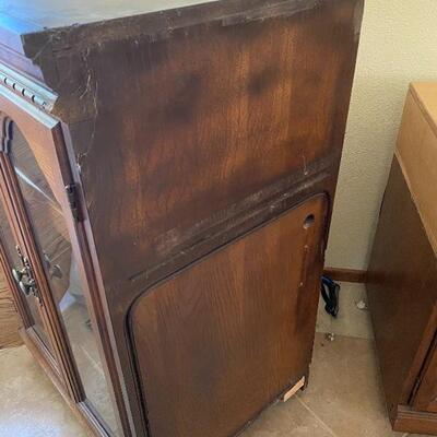 Repurposed Vintage Style Oak & Glass Record Media Cabinet