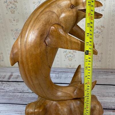 Large Wood Dolphin Statue / Figurine, carved wood, jumping out of water