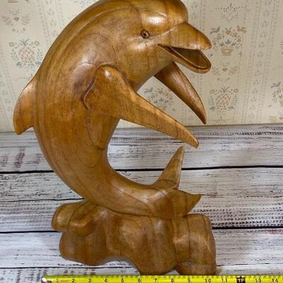 Large Wood Dolphin Statue / Figurine, carved wood, jumping out of water