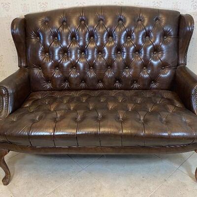 Love Seat #2 - Tufted Buttoned Dark Brown Faux Leather Settee