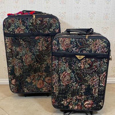 2 floral tapestry suitcases